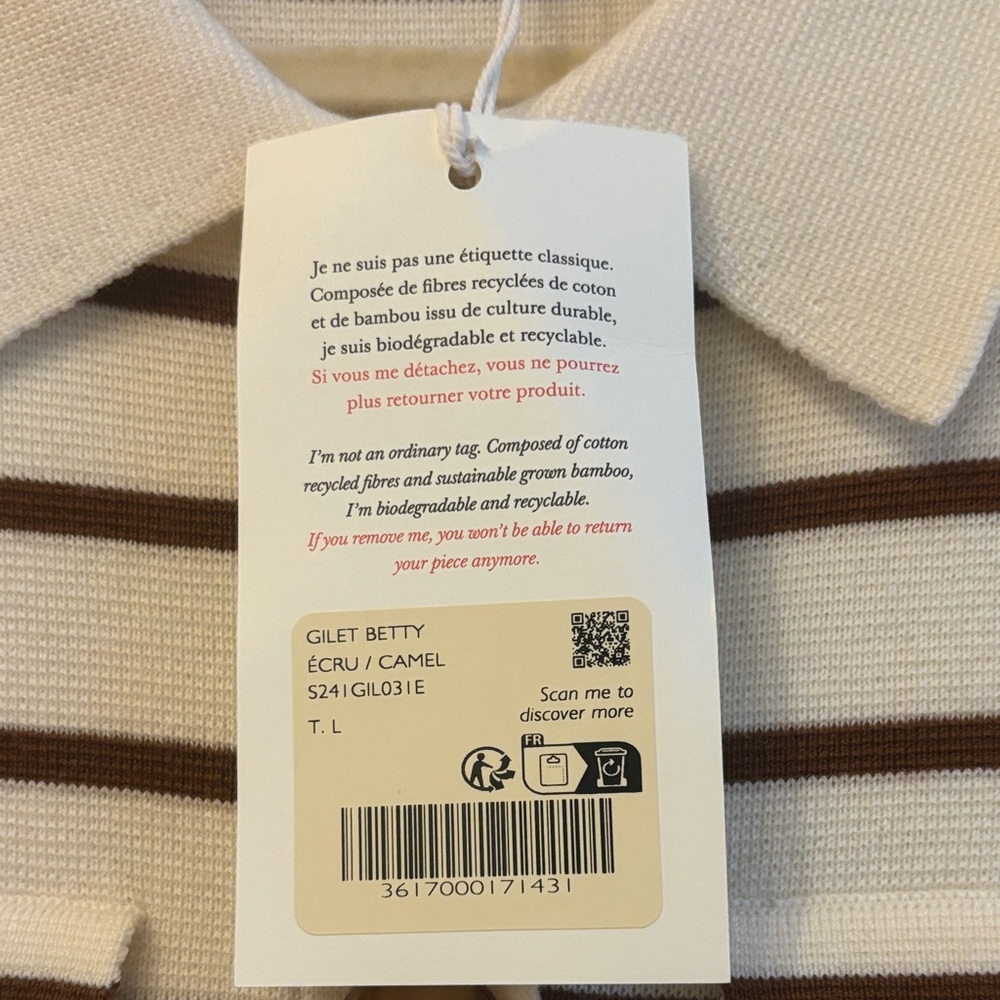 Sezane Betty Cream and Brown Striped Cardigan Size L NWT - Picture 2 of 3